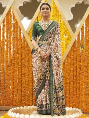 ANOUK Printed Patola Silk Blend Saree(Cream)