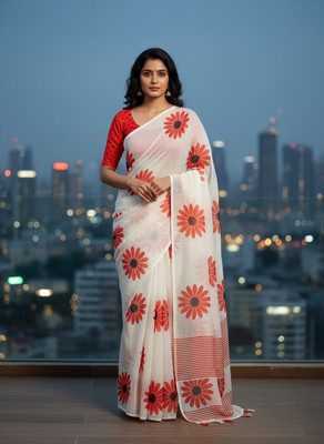 Hema Silk Mills Digital Print, Floral Print Bollywood Linen Saree(White)