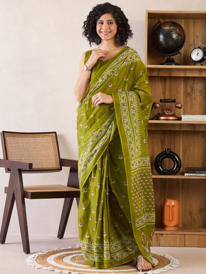 Divastri Printed Daily Wear Cotton Blend Saree(Light Green)