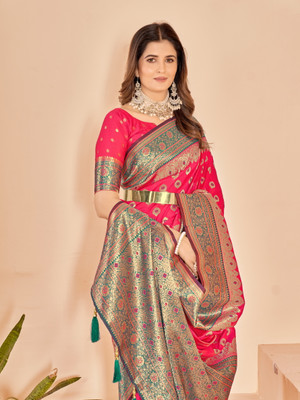 Valley Printed Banarasi Silk Blend Saree(Pink, Green)