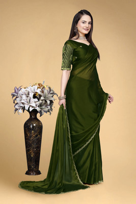 saanvi Solid/Plain, Self Design Bollywood Silk Blend Saree(Dark Green)