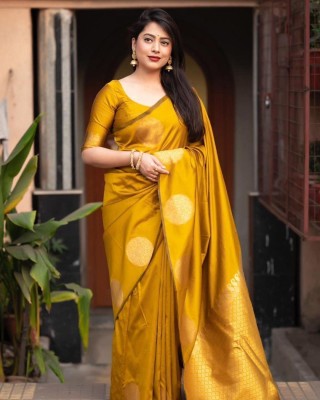 HB VENTURE Temple Border Banarasi Chanderi Saree(Yellow)