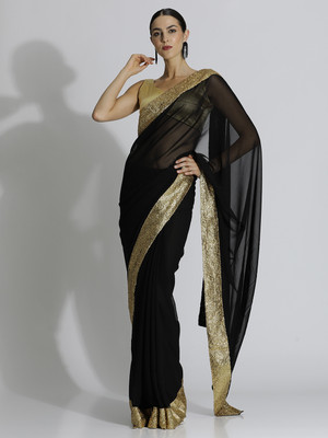 Jaipur Kurti Embroidered Bollywood Georgette Saree(Black)