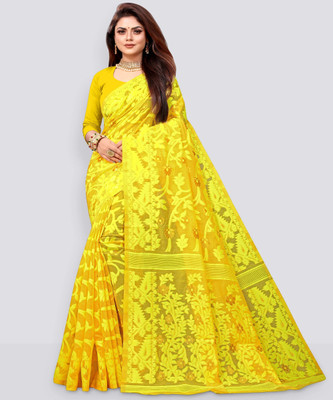 ANISSA SAREE Self Design Jamdani Cotton Blend Saree(Yellow)