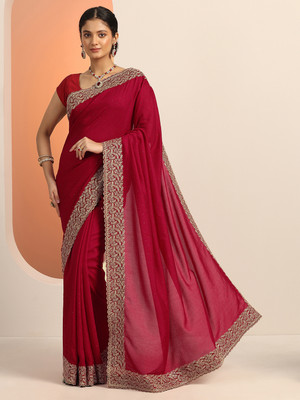 LIBAS Embellished Daily Wear Silk Blend Saree(Red)
