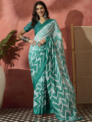 Sangria Printed Saree with Attached Blouse Georgette Saree(Green)