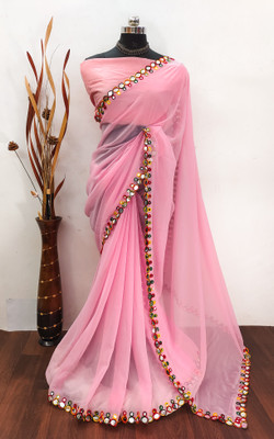 tennecy Solid/Plain, Embellished Assam Silk Georgette Saree(Pink)