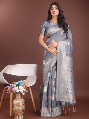 Divastri Woven Banarasi Cotton Linen Saree(Grey)