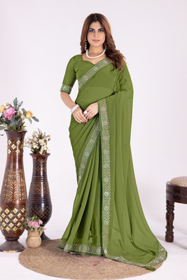 Areca Designer Embellished, Self Design, Solid/Plain Bollywood Georgette Saree(Light Green)
