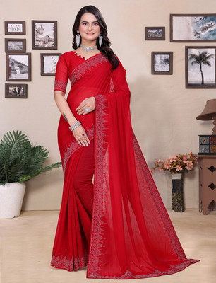 Dharam Creation Printed Bollywood Georgette Saree(Red)