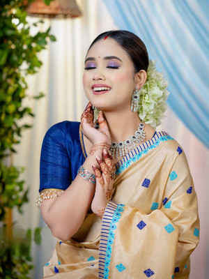 Sheden Lopez Creation Woven Mekhela Chador Silk Blend Saree(Beige, Blue)