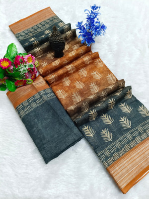 Gajal Printed Kanjivaram Pure Cotton, Cotton Linen Saree(Orange, Black)