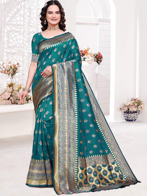 Moda Rapido Woven Banarasi Cotton Blend Saree(Blue)