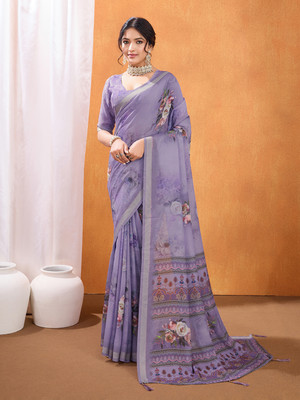 RekhaManiyar Printed Saree with Attached Blouse Crepe Saree(Purple)