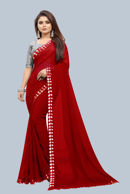 Laddu creation Self Design, Solid/Plain Bollywood Georgette, Silk Blend Saree(Red)