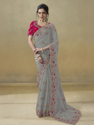 odette Embroidered Saree with Attached Blouse Georgette Saree(Grey, Red)