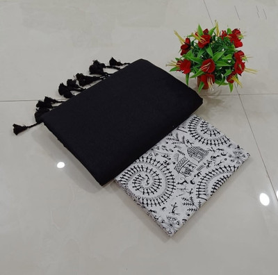Amita Collections Solid/Plain Kalamkari Pure Cotton Saree(Black)