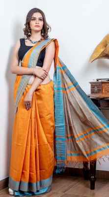 Mollika Woven, Temple Border Handloom Cotton Silk, Cotton Linen Saree(Orange)