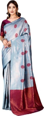 AMK FASHION Embellished, Floral Print, Self Design, Woven Kanjivaram Art Silk Saree(Light Blue, Purple)