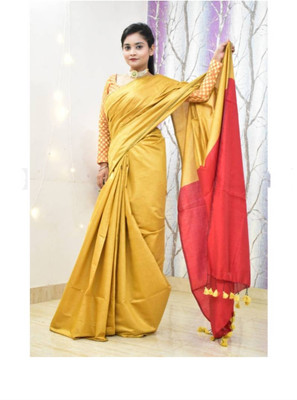 SRIJITA SAREE CENTER Solid/Plain Handloom Cotton Silk Saree(Yellow)