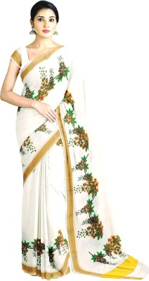 BRINDAVAN CREATIONS Printed Kasavu Cotton Blend Saree(Cream)