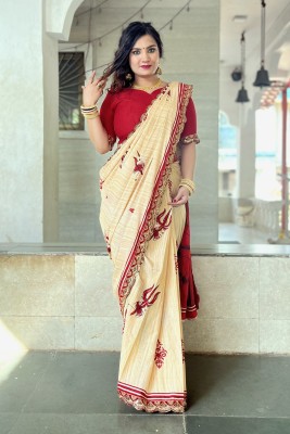 MULL SUTRA Printed Ikkat Pure Cotton Saree(Cream)