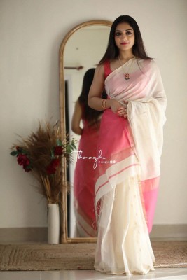 Miswa Woven, Embellished Banarasi Linen, Pure Cotton Saree(White, Pink)