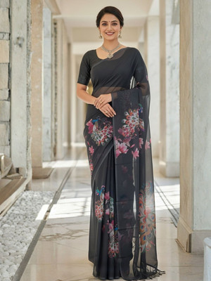 zamuna Floral Print, Digital Print Daily Wear Georgette Saree(Black)