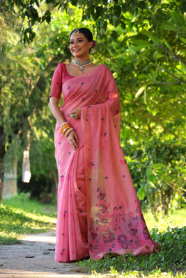 Tasrika Woven Banarasi Cotton Silk Saree(Pink)