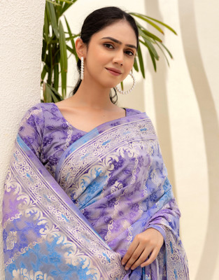 Satrani Printed, Woven, Embellished Banarasi Cotton Blend Saree(Blue, Purple)