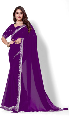 PATTARI Solid/Plain Bollywood Georgette Saree(Purple)