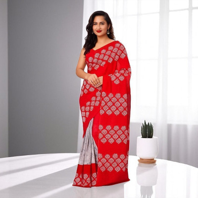 Alexa Fashion Floral Print Daily Wear Cotton Blend Saree(Red)