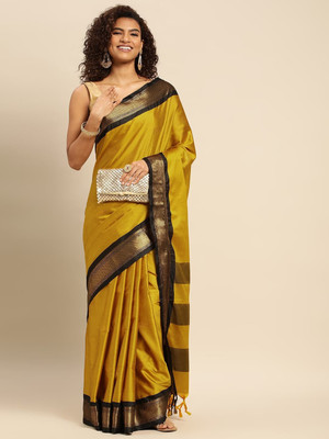 HouseOfCommon Woven, Embellished, Checkered Bollywood Cotton Silk, Jacquard Saree(Mustard, Black)