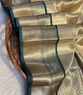Akram Textiles Hub Woven Banarasi Cotton Silk, Art Silk Saree(Cream, Green)