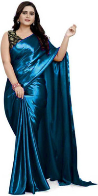 HouseOfCommon Solid/Plain Bollywood Satin Saree(Light Blue)