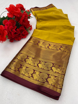 Gold Art Fashion Embroidered Banarasi Cotton Silk, Jacquard Saree(Gold)