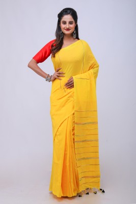 New Sareee Center Striped Handloom Handloom Pure Cotton Saree(Yellow)