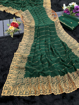 Vrati Creation Self Design Bollywood Cotton Blend Saree(Green)