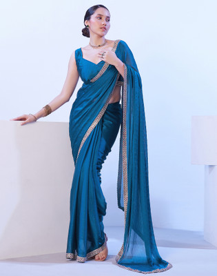 Satrani Embellished, Solid/Plain, Self Design Bollywood Chiffon Saree(Blue)