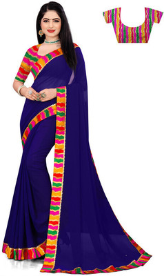 Sareez House Solid/Plain Daily Wear Georgette Saree(Dark Blue)
