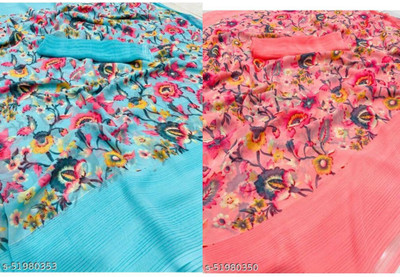 Sanjana Silks Floral Print Daily Wear Georgette Saree(Pack of 2, Blue, Pink)