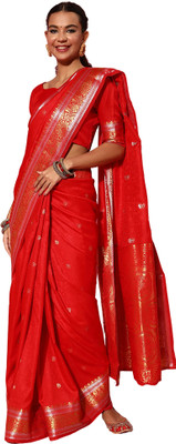 Akhilam Embroidered Banarasi Silk Blend Saree(Red)