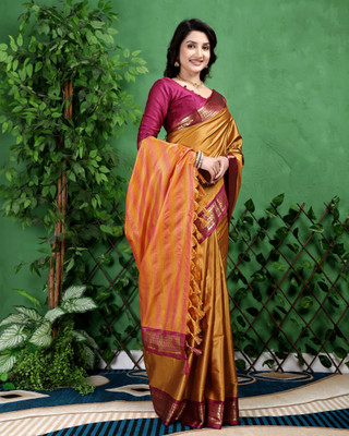 Octa Apparel Solid/Plain, Striped Banarasi Cotton Silk Saree(Multicolor)