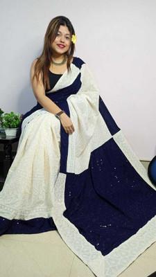 HouseOfCommon Color Block Lucknow Chikankari Chiffon Saree(Multicolor)