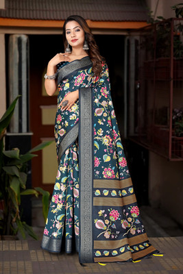 J6 Designers Embellished, Printed, Floral Print Bollywood Cotton Silk Saree(Blue)