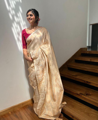 WOMENELEGENCE Embellished Banarasi Pure Silk Saree(Cream)