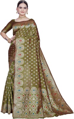 SHRIMAY Self Design Banarasi Silk Blend, Art Silk Saree(Dark Green)