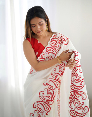 Satrani Embroidered, Embellished Bollywood Silk Blend Saree(Beige)