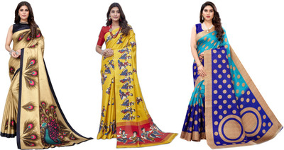 YASHIKA Printed Kanjivaram Art Silk Saree(Pack of 3, Gold, Yellow, Blue)