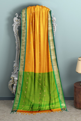 S S CREATION Printed Paithani Cotton Silk Saree(Yellow)